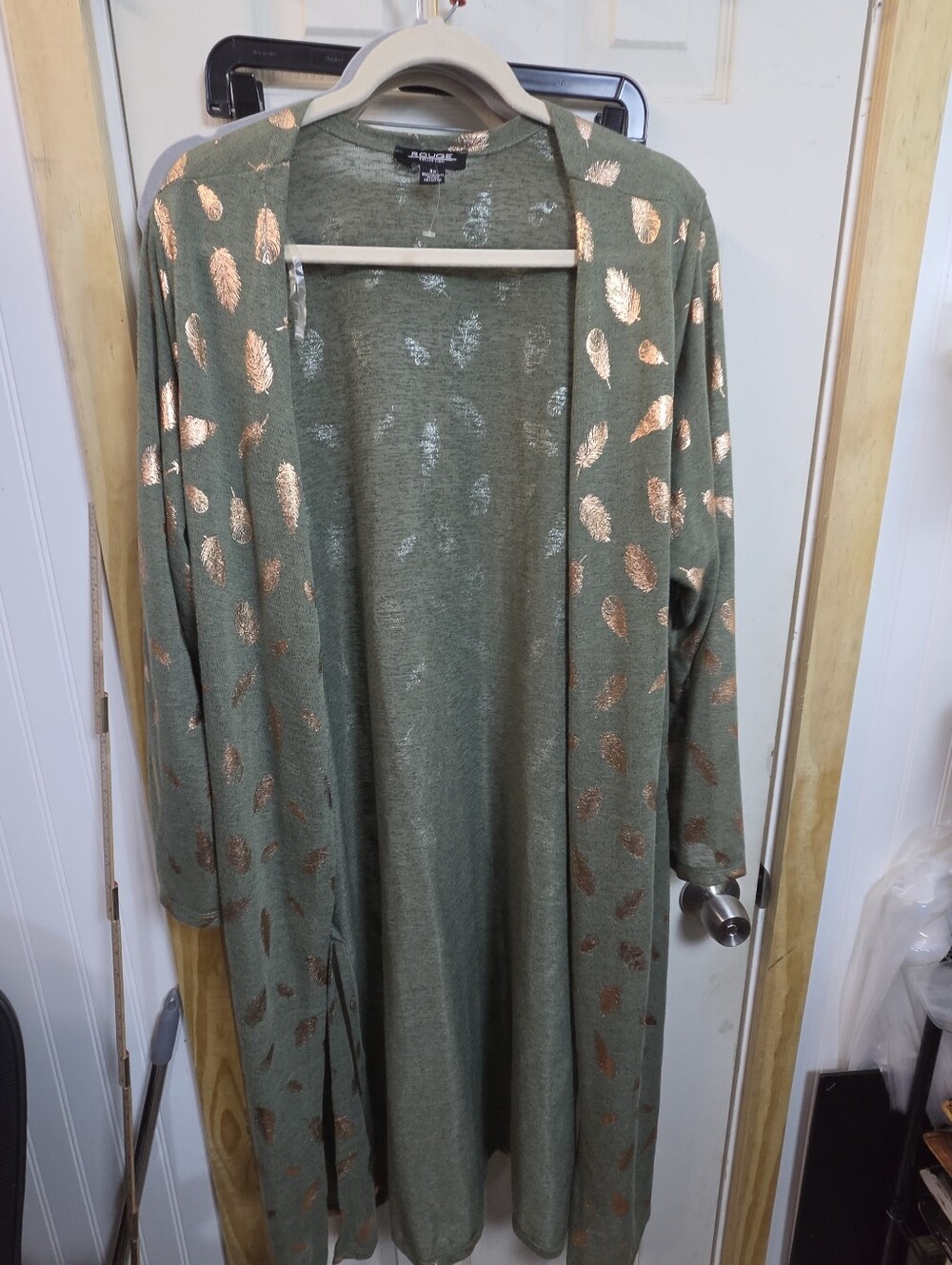 Duster Cardigan Rouge! Olive Green Metallic Rose Gold Fall Leaf Print